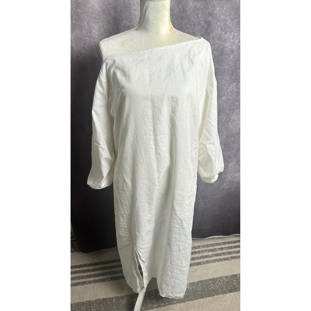 GLORIA White Linen Slanted Neck Asymmetric Maxi Dress Long Sleeve Pockets M Puff